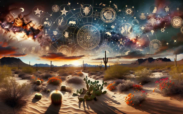 A stunning HD desktop wallpaper featuring a vibrant desert landscape, adorned with cacti and colorful plants, set against a celestial backdrop of zodiac signs and starry skies.
