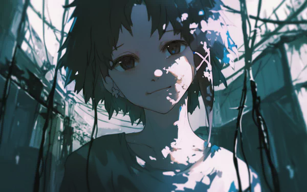 A captivating HD wallpaper featuring Lain Iwakura from *Serial Experiments Lain*, surrounded by a blend of shadows and vibrant colors in an intricate urban setting.
