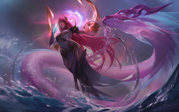 HD wallpaper featuring Karma from League of Legends, elegantly posed amidst swirling water and vibrant colors, showcasing her mystical powers and enchanting presence.