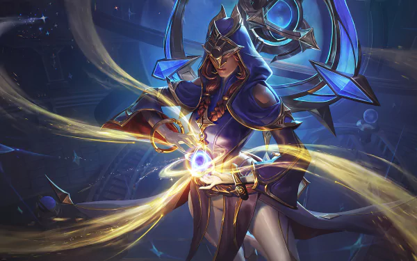 HD desktop wallpaper featuring Karma from League of Legends: Wild Rift, showcasing her dynamic pose and mystical energy against a vibrant blue backdrop.