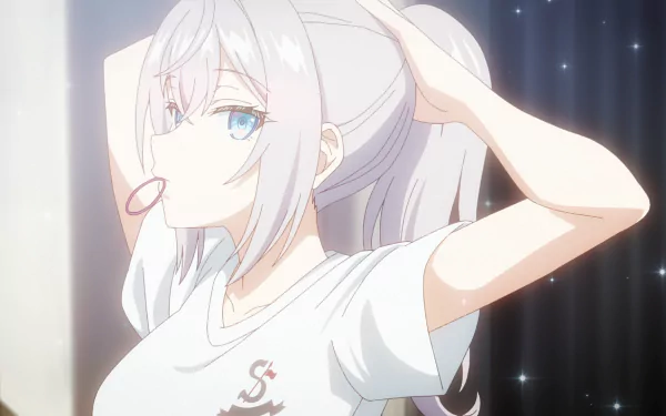 HD anime desktop wallpaper featuring Alisa Mikhailovna Kujou from Alya Sometimes Hides Her Feelings in Russian, with white hair and a contemplative expression.