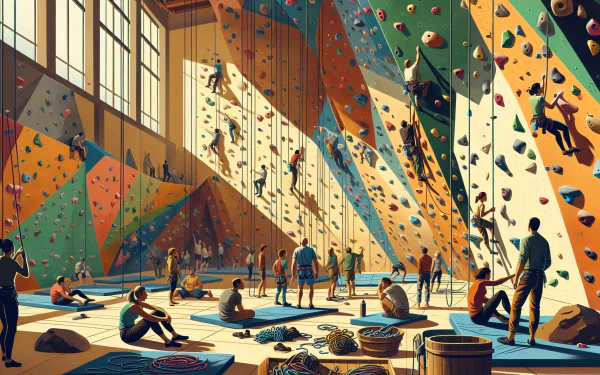 A vibrant indoor climbing gym filled with climbers on colorful walls, spectators on mats, and climbing gear scattered around, showcasing an energetic atmosphere in HD wallpaper quality.