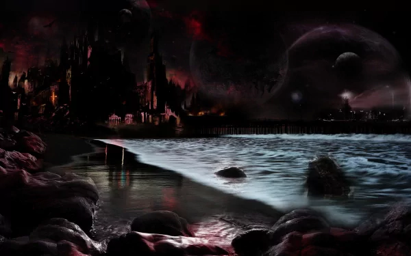 A dramatic dark city skyline looms against a starry sky, complemented by a serene shoreline and rocky beach, creating a captivating HD desktop wallpaper and background.