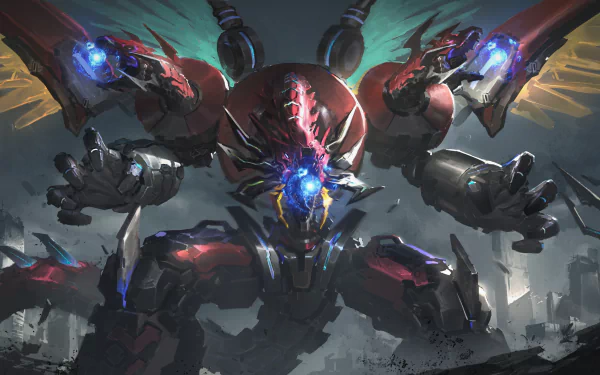 4K Ultra HD PC desktop wallpaper featuring a fierce, mechanized creature from Yu-Gi-Oh! with glowing blue and red accents in a dark, dystopian setting.