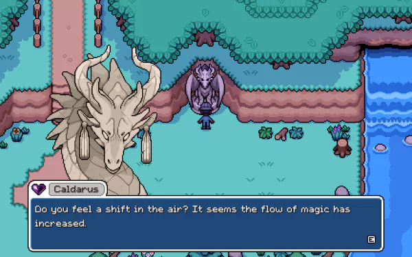 A vibrant scene from the video game Fields of Mistria, featuring a dragon and a mystical character conversing near a flowing river in a lush, colorful environment. HD desktop wallpaper.