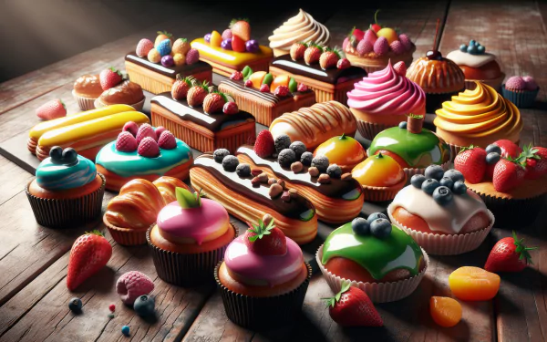 A vibrant collection of pastries, including colorful cupcakes and intricate desserts, beautifully arranged on a wooden surface, serving as an enticing HD desktop wallpaper.