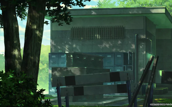 HD desktop wallpaper featuring a serene anime scene from Too Many Losing Heroines! with a building surrounded by lush greenery and a partially barricaded entrance.