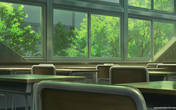 A tranquil classroom scene from the anime Too Many Losing Heroines! features sunlight filtering through large windows, highlighting empty desks and vibrant greenery outside. HD desktop wallpaper.