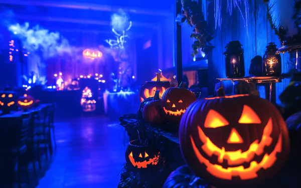 A vibrant Halloween party scene featuring glowing jack-o'-lanterns amidst eerie blue lighting, creating a spooky and festive atmosphere for an HD desktop wallpaper.