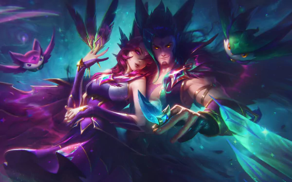HD wallpaper featuring Xayah and Rakan from League of Legends as Star Guardians, capturing their vibrant and dynamic design in an engaging video game theme.
