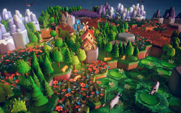 A vibrant HD desktop wallpaper depicting a lush, colorful landscape from the video game Preserve, featuring flowers, trees, a quaint house, and playful animals.