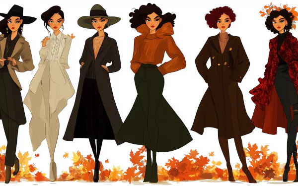 Illustration of six stylish women showcasing fall fashion in autumn-themed outfits, set against an autumn leaves background, designed as an HD PC desktop wallpaper.