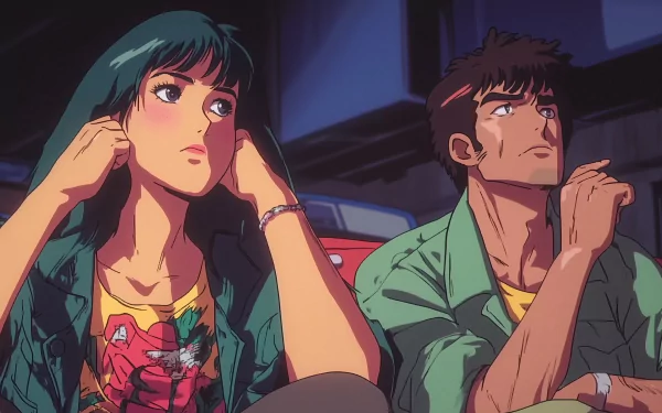 A retro anime scene featuring two characters deep in thought, set against a vibrant background. This HD desktop wallpaper offers a nostalgic touch for anime enthusiasts.