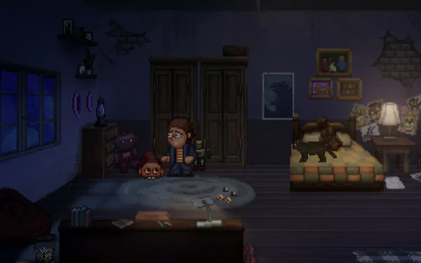 A HD desktop wallpaper featuring scenes and characters from the video game Five Nights at Freddy's: Into the Pit, capturing its eerie atmosphere and unique art style.