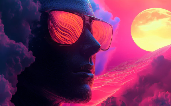 A vibrant acidwave design featuring a stylized figure wearing sunglasses, surrounded by colorful clouds and a celestial sun, creating a striking HD desktop wallpaper.