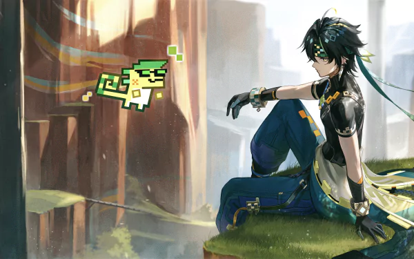 Kinich from Genshin Impact sits on a grassy ledge in a detailed 4K Ultra HD video game wallpaper, with a pixelated green creature floating nearby.