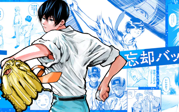 Anime-inspired HD desktop wallpaper featuring a character with a baseball glove, set against a backdrop of dynamic blue illustrations and text from Oblivion Battery.