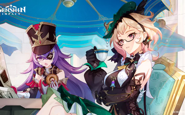 A vibrant HD desktop wallpaper featuring Emilie and Hu Tao from the popular video game Genshin Impact, showcasing their unique designs and captivating art style.