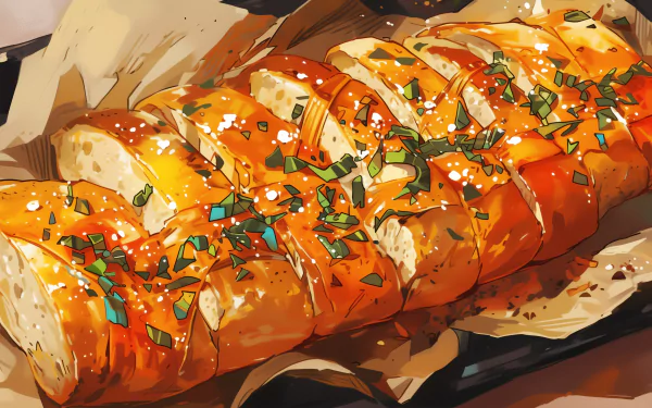 A beautifully presented garlic bread, sliced and garnished with herbs, showcased as a vibrant HD desktop wallpaper and background.