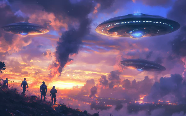 A dramatic sci-fi scene featuring UFOs invading a sunset sky, with silhouetted figures observing the chaos below. This captivating HD wallpaper evokes an otherworldly atmosphere.
