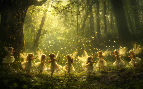 A magical forest scene with glowing fairies dancing in a circle, surrounded by sparkling lights and lush trees, captured in an HD fantasy desktop wallpaper.