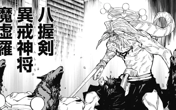 HD wallpaper featuring Mahoraga and Megumi Fushiguro from the anime Jujutsu Kaisen, capturing elements of the manga in a vibrant, dynamic scene.