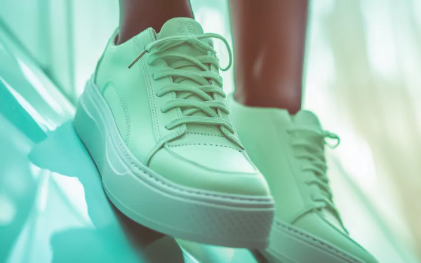 A pastel green aesthetic shoe set against a soft background, designed as an HD desktop wallpaper that adds a fresh and stylish touch to your screen.