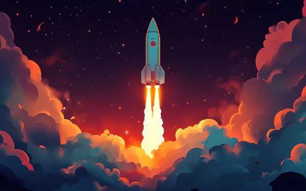 A vibrant rocket launch scene, featuring a detailed rocket ascending through colorful clouds against a starry backdrop, designed as a stunning HD desktop wallpaper.