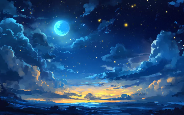 HD desktop wallpaper of a moonlit night sky filled with stars, glowing clouds, and a bright full moon illuminating the serene landscape below.
