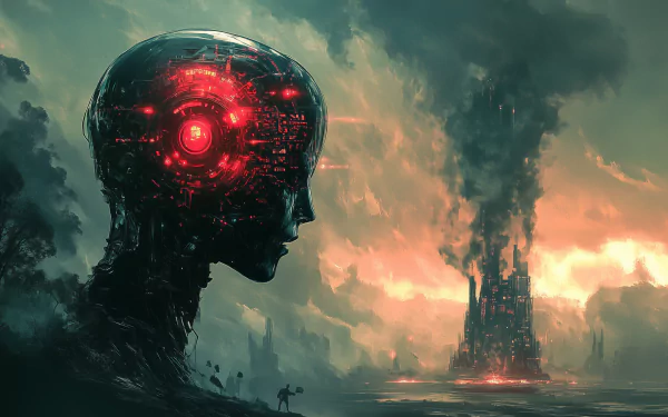 A striking sci-fi wallpaper depicting a post-apocalyptic scene with a humanoid AI head and a burning tower, capturing the drama of an AI uprising against a dark, smoky backdrop.