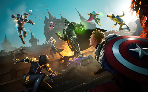 4K Ultra HD Fortnite Battle Royale scene featuring multiple characters in dynamic action poses against a dramatic, fiery backdrop on a PC desktop wallpaper.