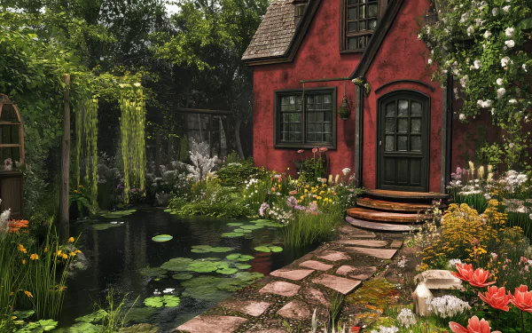 A serene cottagecore garden featuring lush greenery and charming flowers, captured in high definition for a beautiful desktop wallpaper and background.