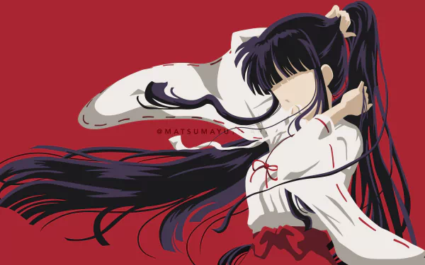Kikyô (InuYasha) anime portrait on deep red background, flowing black hair and white shrine-maiden robes — 8K Ultra HD PC desktop wallpaper/background.