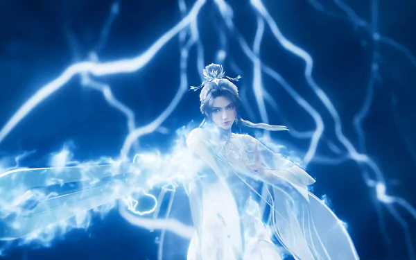 An ethereal character from the TV show Zhu Xian Jade Dynasty commands mystical energy, surrounded by vibrant blue lightning, showcased in this HD desktop wallpaper.