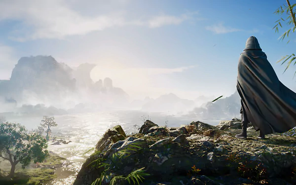 A serene landscape from the TV show Zhu Xian Jade Dynasty, featuring a cloaked figure overlooking a tranquil sea and distant mountains, set against a bright sky. HD wallpaper background.