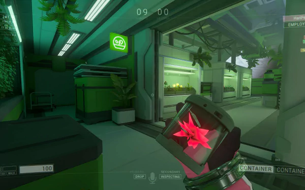 HD desktop wallpaper featuring gameplay from LOCKDOWN Protocol, showcasing a futuristic environment with green accents and a character holding a device with a glowing pink element.