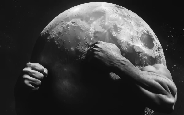 A powerful depiction of muscular arms breaking through the moon, set against a dramatic black and white background, creating an impactful and striking HD desktop wallpaper.