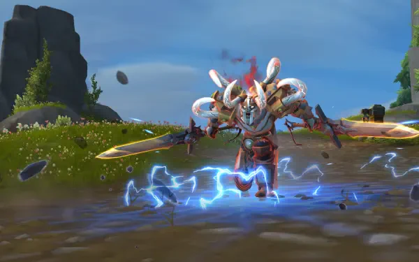 A warrior clad in ornate armor, wielding a large sword, charges forward amidst a backdrop of lightning and a vibrant landscape, inspired by World of Warcraft: The War Within.