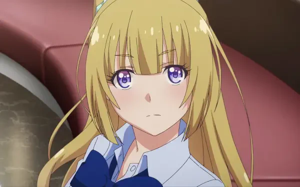 HD desktop wallpaper featuring Kei Karuizawa from the anime Classroom of the Elite, showcasing her distinct blonde hair and expressive violet eyes in a classroom setting.