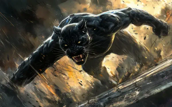 A striking black panther lunges through a dynamic, explosive background, showcasing its power and grace in this HD desktop wallpaper. Fierce and captivating, it commands attention.