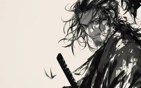 HD wallpaper featuring Miyamoto Musashi from the manga Vagabond, showcasing a detailed, artistic portrayal of the iconic character with a sword and flowing hair.