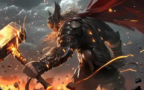 A stunning HD comic wallpaper featuring Thor, the Norse god, in an action pose wielding his iconic hammer, set against a dramatic, stormy backdrop.