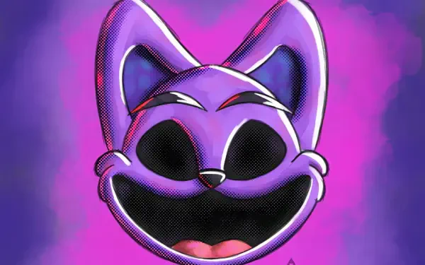 Purple cat character from Poppy Playtime, named CatNap, set against a vibrant purple background. This HD desktop wallpaper captures the game's playful yet eerie vibe.