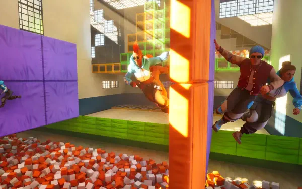 Dynamic scene from a video game featuring characters executing supermoves in an indoor arena filled with colorful blocks and foam pits, set against a vibrant, sunny backdrop.