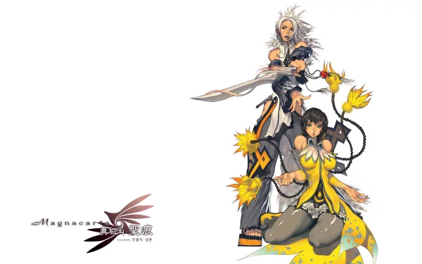 HD PC desktop wallpaper of two characters from the Magna Carta video game: a standing sword-wielding warrior and a seated floral-clad woman on a white background with logo.