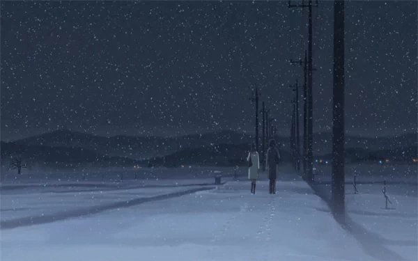 HD anime wallpaper featuring Akari Shinohara from 5 Centimeters per Second, walking along a snowy, dimly lit rural road at night.