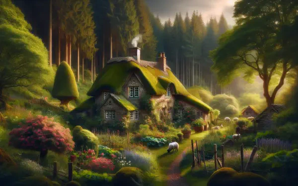 A charming cottage nestled in a lush forest, surrounded by vibrant flowers and gentle sheep, embodying the essence of cottagecore in a serene landscape. HD desktop wallpaper.