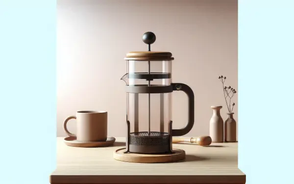 A stylish French press sits on a minimalist wooden table, accompanied by a cup and decorative vases, showcasing an elegant and serene coffee-making aesthetic. HD desktop wallpaper.
