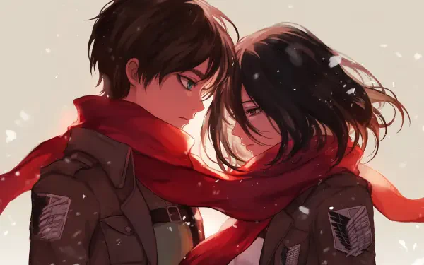 A vibrant HD wallpaper featuring Eren Yeager and Mikasa Ackerman from the anime Attack on Titan, capturing their iconic presence and dynamic relationship.