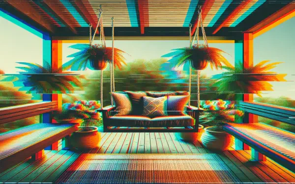 A serene patio swing surrounded by lush greenery, offering a peaceful retreat. This image serves as an HD desktop wallpaper and background, enhancing any digital space.